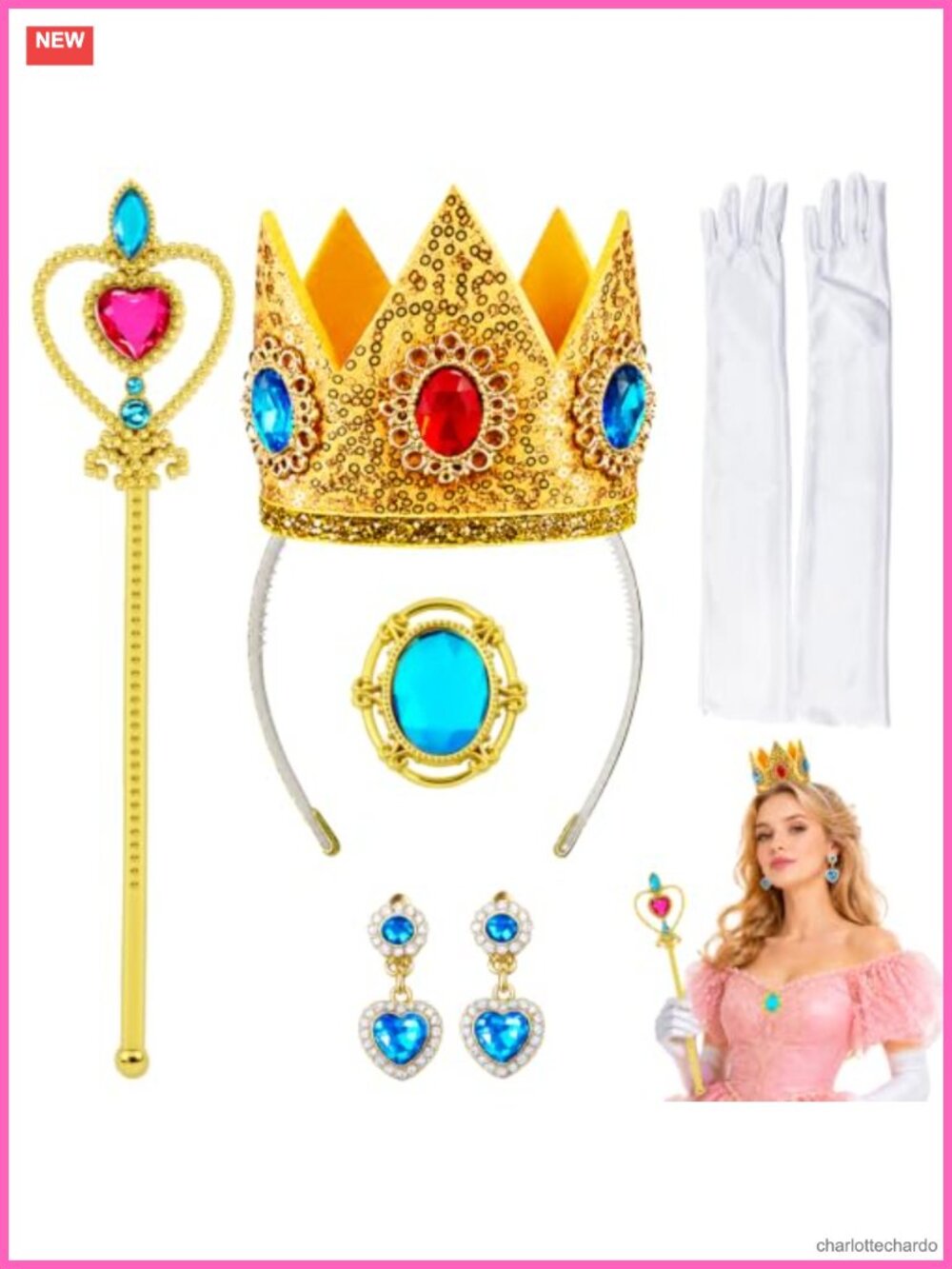 Princess Costume Accessory Set Crown Gloves Wand Brooch for Cosplay